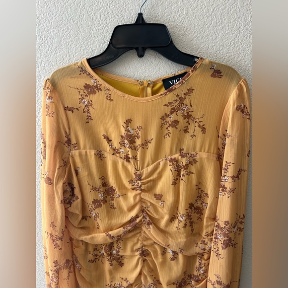 Vici Collection Floral Ruched Long Sleeve Minidress In Mustard Size Medium - Picture 5 of 10